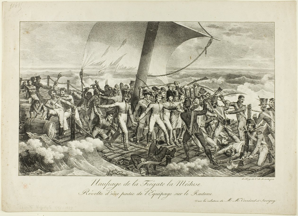 Schipbreuk van de fregat Medusa. Opstand van enkele bemanningsleden op het vlot door Hippolyte Lecomte