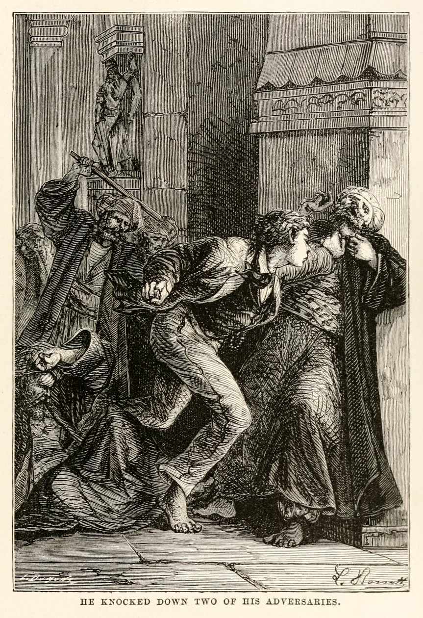 Hij sloeg twee van zijn tegenstanders neer, uit De Reis om de Wereld in Tachtig Dagen door Jules Verne (1828-1905), gegraveerd door Louis Dumont (b.1822), 1873 door Hippolyte Leon Benett