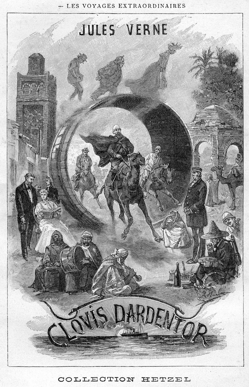 Illustratie van het boek "Clovis Dardentor" door Jules Verne, frontispice gravure van de Hetzel editie door Hippolyte Leon Benett