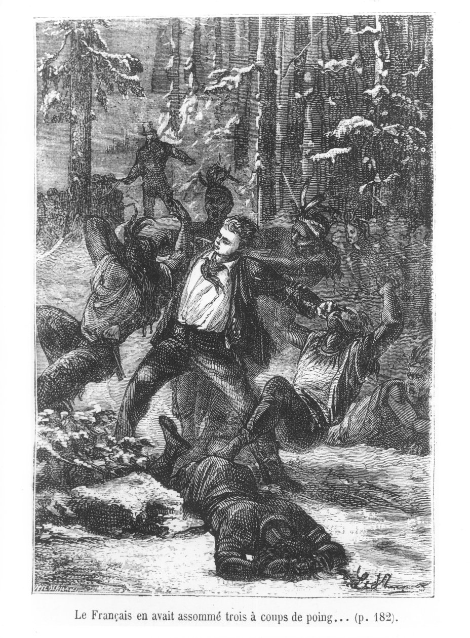 De Fransman kon er drie plat slaan met een klap, illustratie uit De reis om de wereld in tachtig dagen door Jules Verne, gegraveerd door Henri Theophile Hildibrand, 1873 door Hippolyte Leon Benett