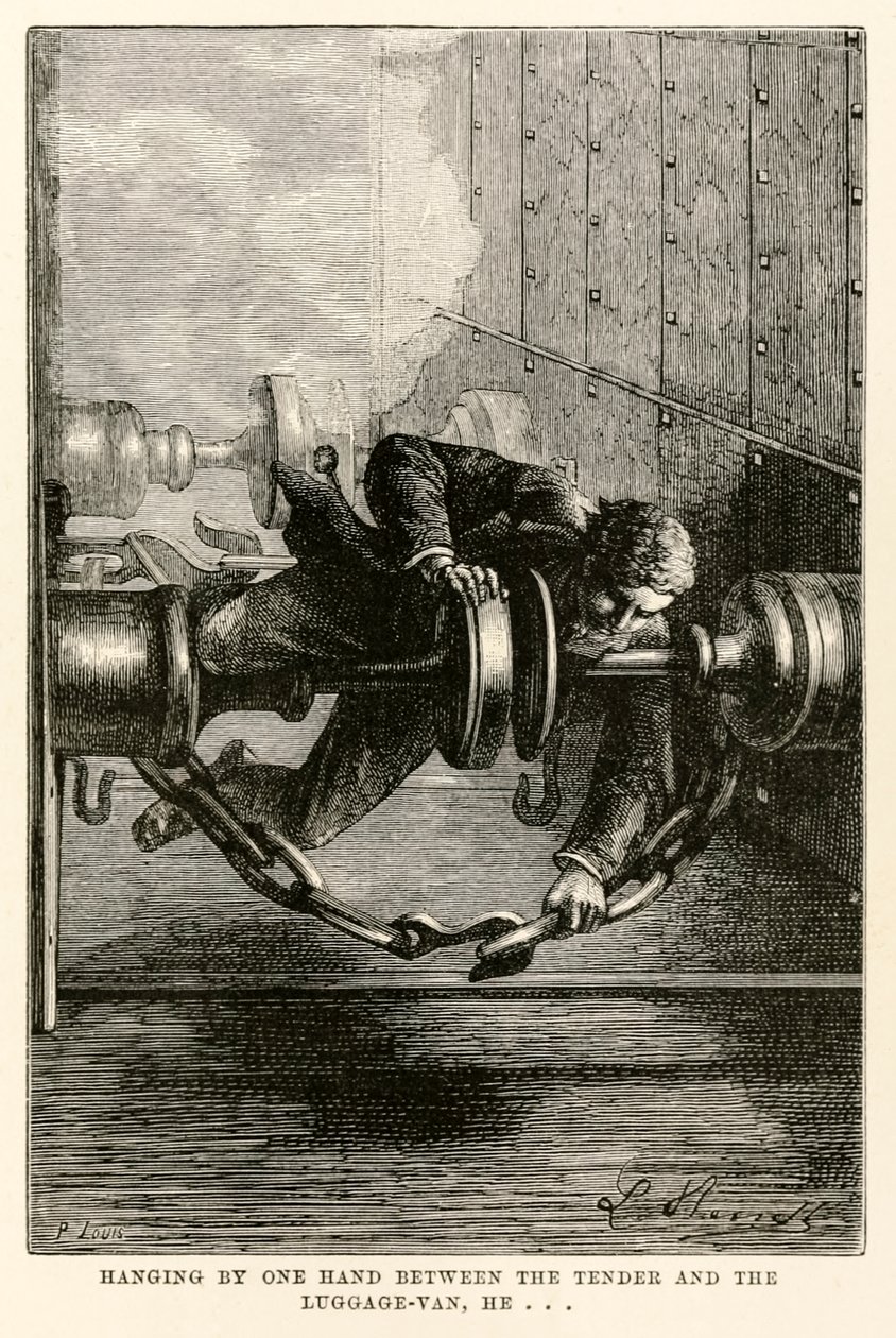 Hangend met één hand tussen de tender en de bagagewagen, hij... uit De Reis om de Wereld in Tachtig Dagen door Jules Verne (1828-1905) gegraveerd door Louis, 1873 door Hippolyte Leon after Benett