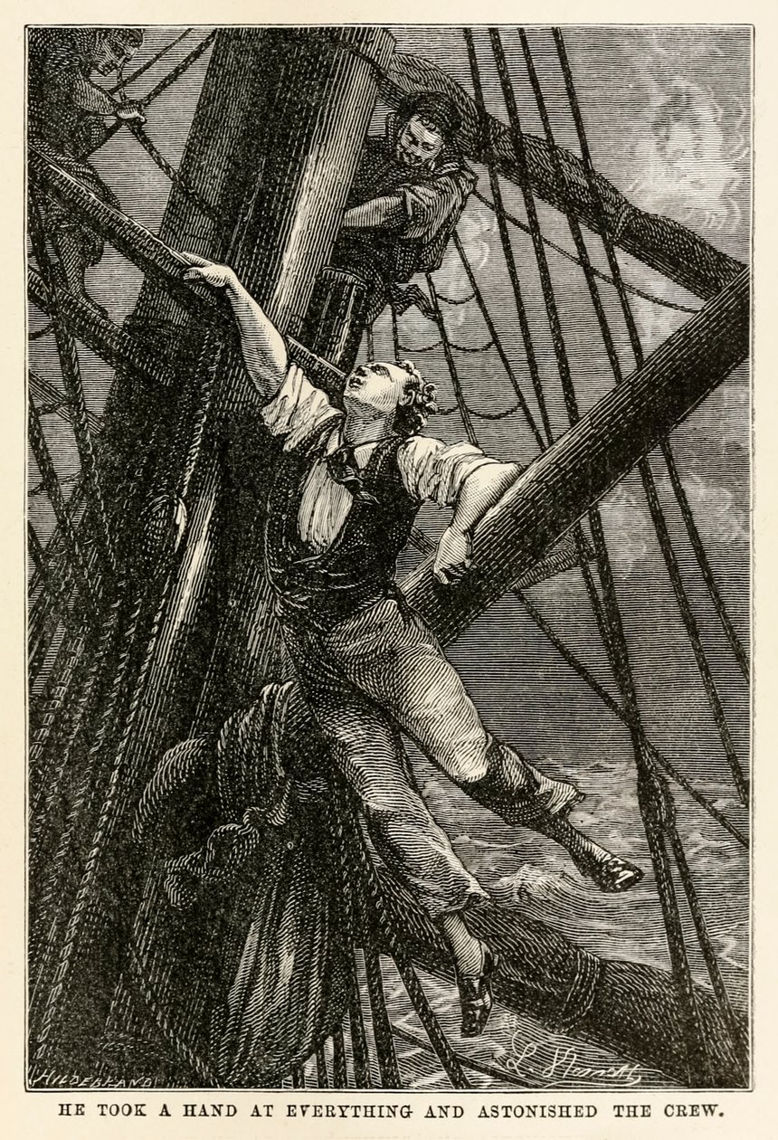 Hij hielp overal mee en verbaasde de bemanning, uit De Reis om de Wereld in Tachtig Dagen door Jules Verne (1828-1905) gegraveerd door Henri-Théophile Hildebrand (1824-97), 1873 door Hippolyte Leon after Benett