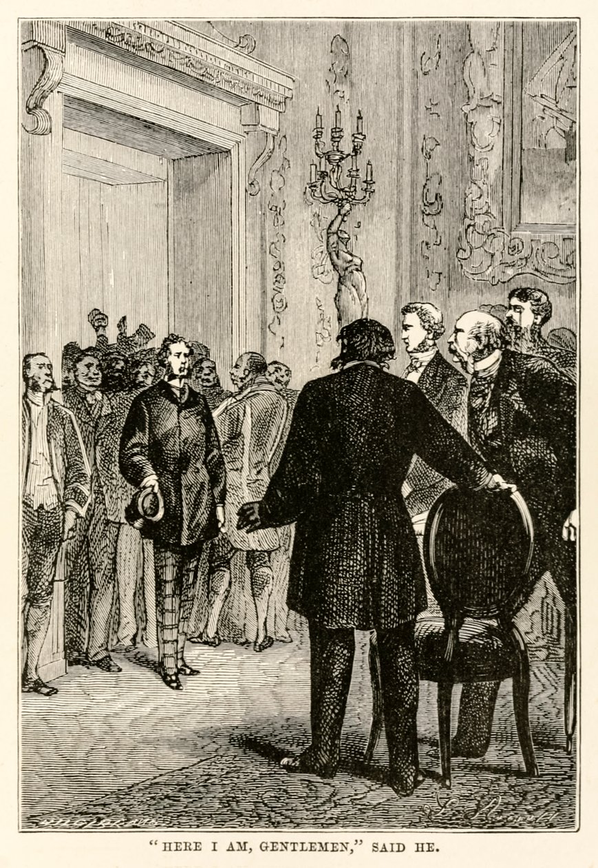 Hier ben ik heren, zei hij, uit De Reis om de Wereld in Tachtig Dagen door Jules Verne (1828-1905) gegraveerd door Henri-Théophile Hildebrand (1824-97), 1873 door Hippolyte Leon after Benett