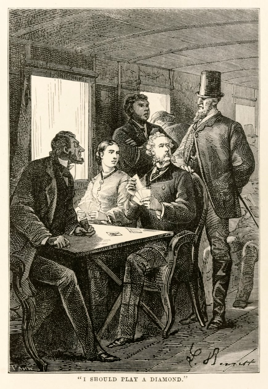 Ik zou een ruit spelen, uit De Reis om de Wereld in Tachtig Dagen door Jules Verne (1828-1905) gegraveerd door Adolphe François Pannemaker (1822-1900), 1873 door Hippolyte Leon after Benett