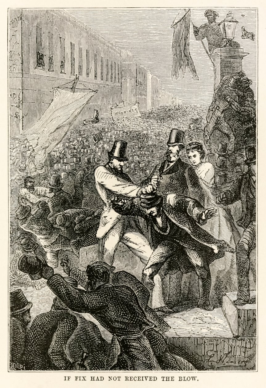 Als Fix de klap niet had ontvangen, uit De Reis om de Wereld in Tachtig Dagen door Jules Verne (1828-1905) gegraveerd door Henri-Théophile Hildebrand (1824-97), 1873 door Hippolyte Leon after Benett