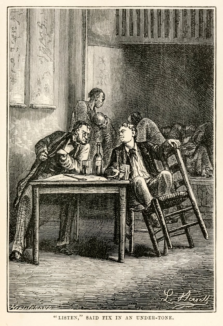 Luister, zei Fix in een ondertoon, uit De Reis om de Wereld in Tachtig Dagen door Jules Verne (1828-1905) gegraveerd door Henri-Théophile Hildebrand (1824-97), 1873 door Hippolyte Leon after Benett
