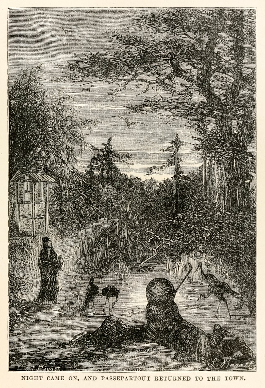 De nacht viel, en Passepartout keerde terug naar de stad, uit De Reis om de Wereld in Tachtig Dagen door Jules Verne (1828-1905), gegraveerd door Louis Prevost, 1873 door Hippolyte Leon after Benett