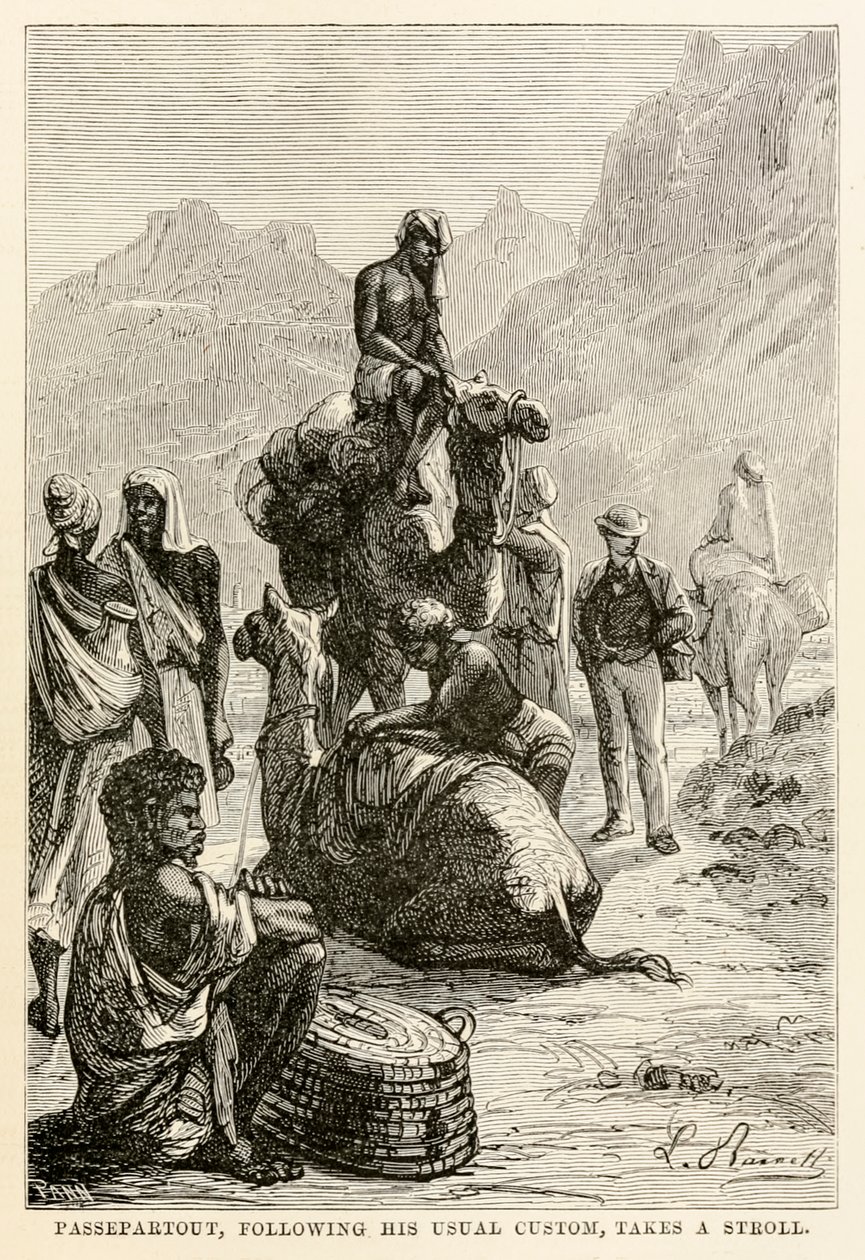 Passepartout, volgens zijn gebruikelijke gewoonte, maakt een wandeling, uit De Reis om de Wereld in Tachtig Dagen door Jules Verne (1828-1905), gegraveerd door Adolphe François Pannemaker (1822-1900), 1873 door Hippolyte Leon after Benett