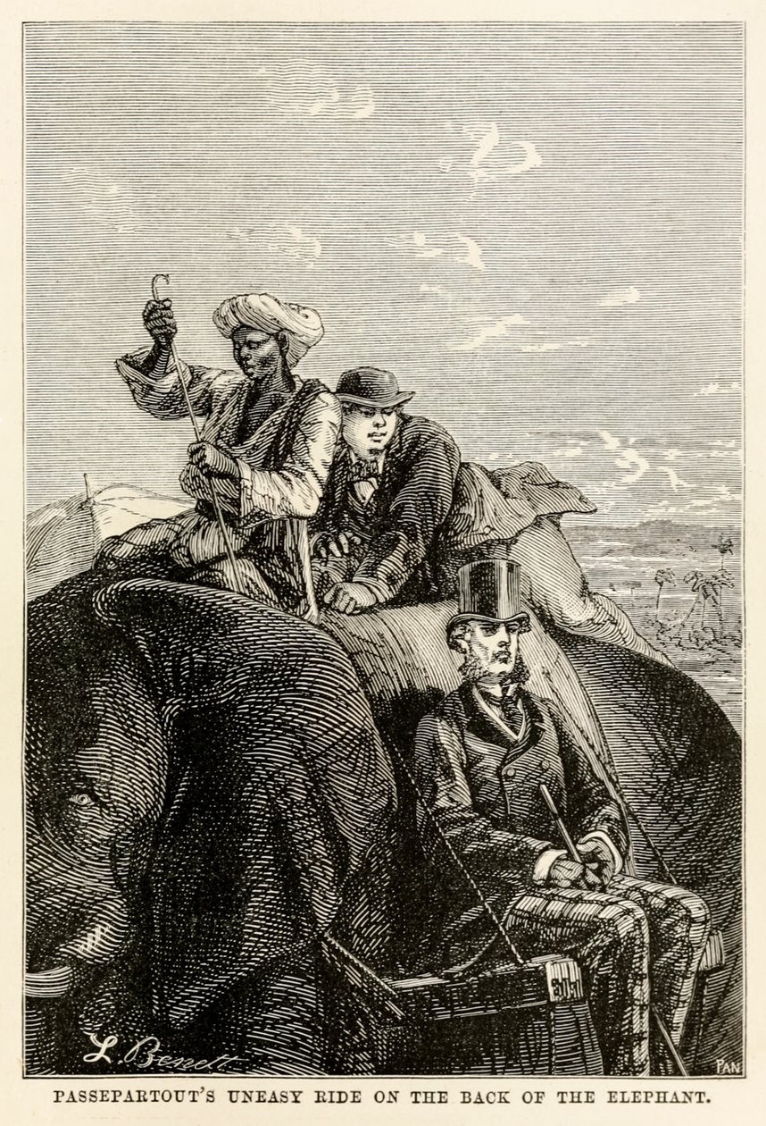 Passepartouts onrustige rit op de rug van de olifant, uit De Reis om de Wereld in Tachtig Dagen door Jules Verne (1828-1905) gegraveerd door Adolphe François Pannemaker (1822-1900) 1873 door Hippolyte Leon after Benett