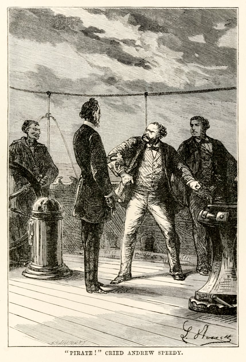 Piraat! riep Andrew Speedy., uit De Reis om de Wereld in Tachtig Dagen door Jules Verne (1828-1905) gegraveerd door Louis Dumont (b.1822) 1873 door Hippolyte Leon after Benett