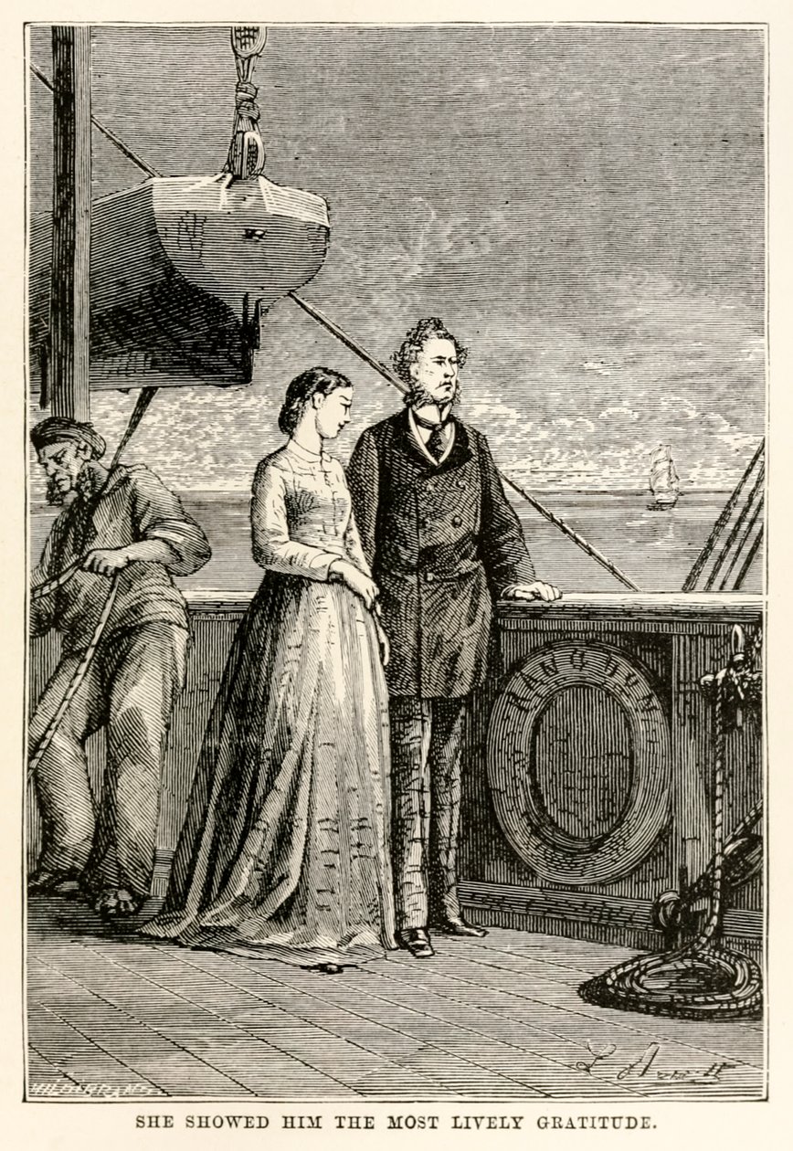 Ze toonde hem de levendigste dankbaarheid, uit De Reis om de Wereld in Tachtig Dagen door Jules Verne (1828-1905) gegraveerd door Henri-Théophile Hildebrand (1824-97), 1873 door Hippolyte Leon after Benett