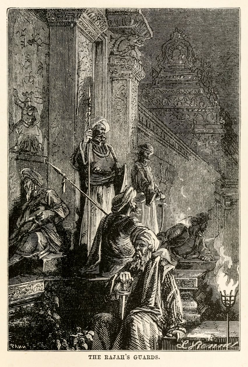 De wachters van de Radja, uit De Reis om de Wereld in Tachtig Dagen door Jules Verne (1828-1905), gegraveerd door Adolphe François Pannemaker (1822-1900), 1873 door Hippolyte Leon after Benett