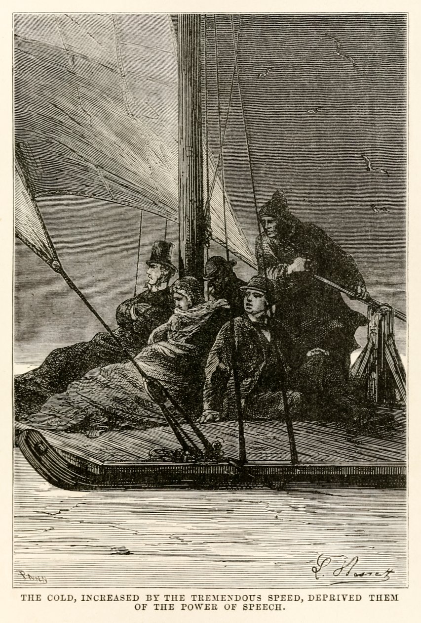 De kou, versterkt door de enorme snelheid, beroofde hen van de spraak, uit De Reis om de Wereld in Tachtig Dagen door Jules Verne (1828-1905) gegraveerd door Adolphe François Pannemaker (1822-1900) door Hippolyte Leon after Benett