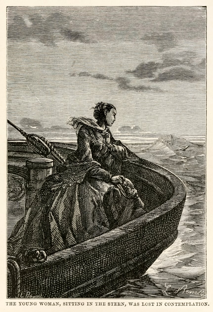 De jonge vrouw, zittend in de achtersteven, was verloren in contemplatie, uit De Reis om de Wereld in Tachtig Dagen door Jules Verne (1828-1905), gegraveerd door Jean Louis Prevost, (1790-1850), 1873 door Hippolyte Leon after Benett