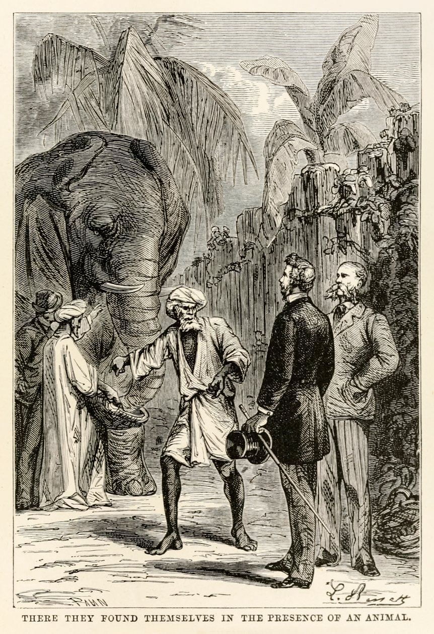 Daar bevonden ze zich in de aanwezigheid van een dier, uit De Reis om de Wereld in Tachtig Dagen door Jules Verne (1828-1905), gegraveerd door Adolphe François Pannemaker (1822-1900), 1873 door Hippolyte Leon after Benett