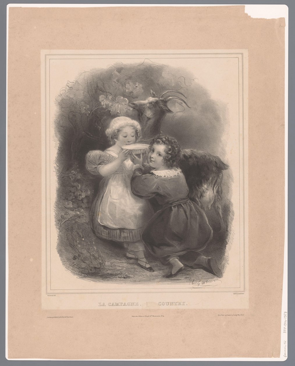Twee kinderen met een geit drinken geitenmelk door Hippolyte Louis Garnier