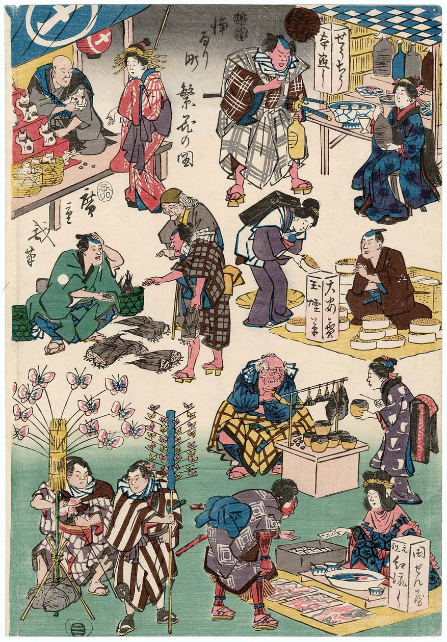 Personages uit toneelstukken als kooplieden en klanten door Utagawa Hiroshige