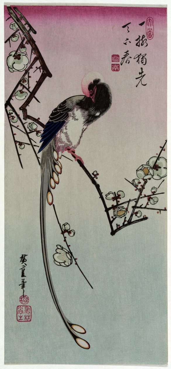 Ume ni Onagadori door Utagawa Hiroshige