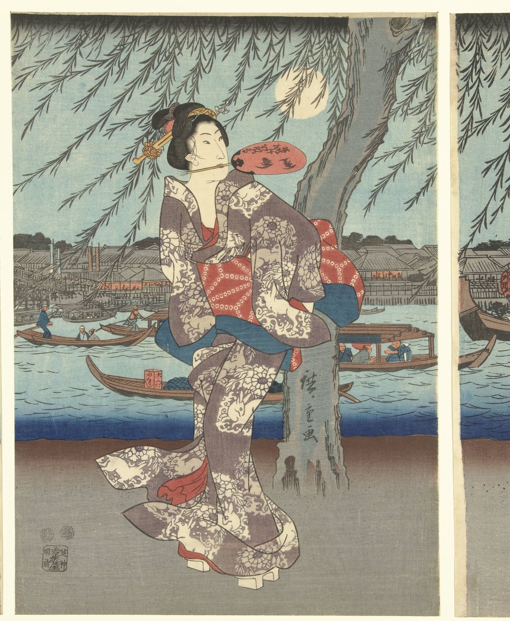 Beroemde plekken in de Oostelijke hoofdstad: Genietend van een avondbriesje bij de Ryogoku brug door Hiroshige (I) , Utagawa