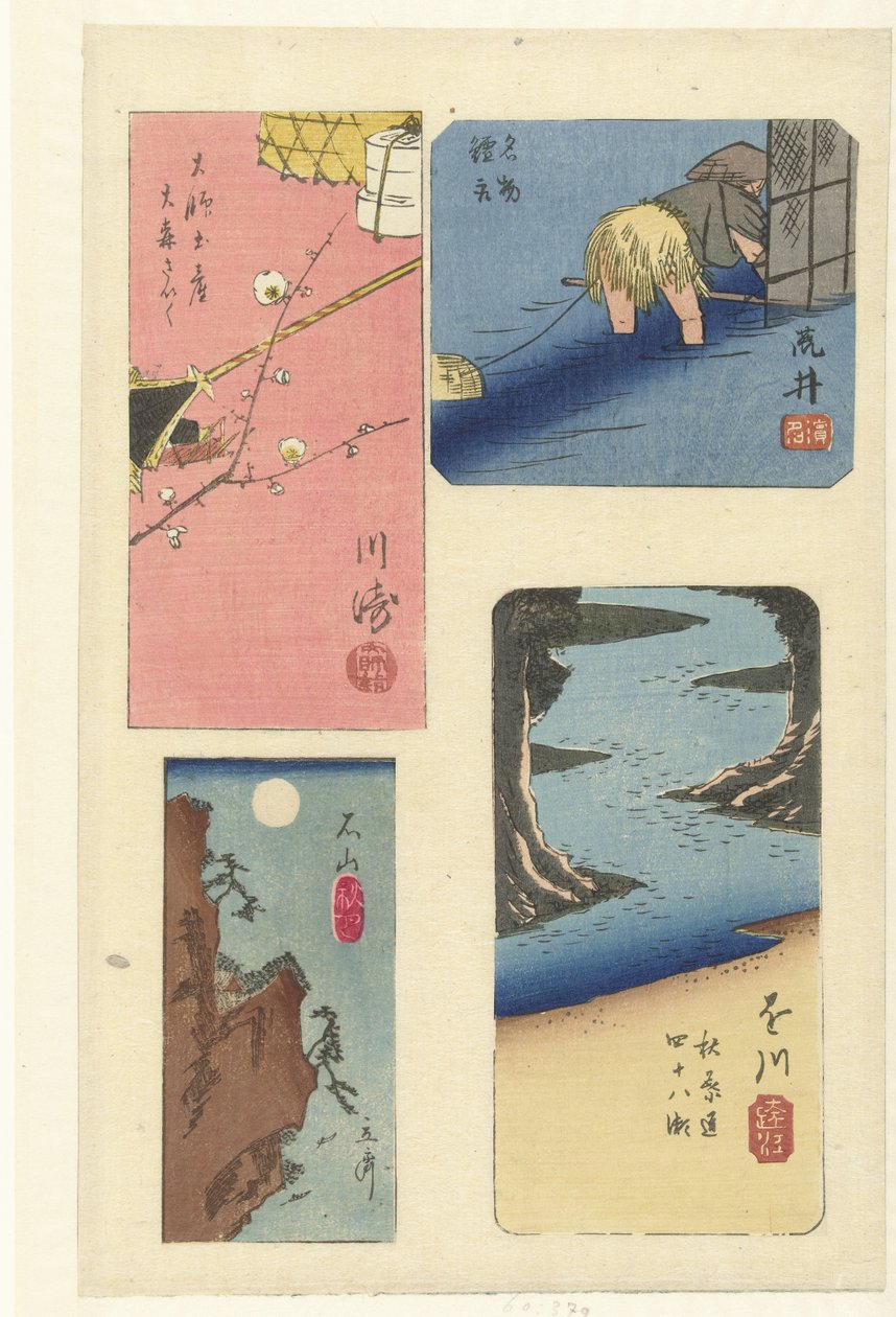 Vier harimaze van beroemde plaatsen door Hiroshige (I) , Utagawa