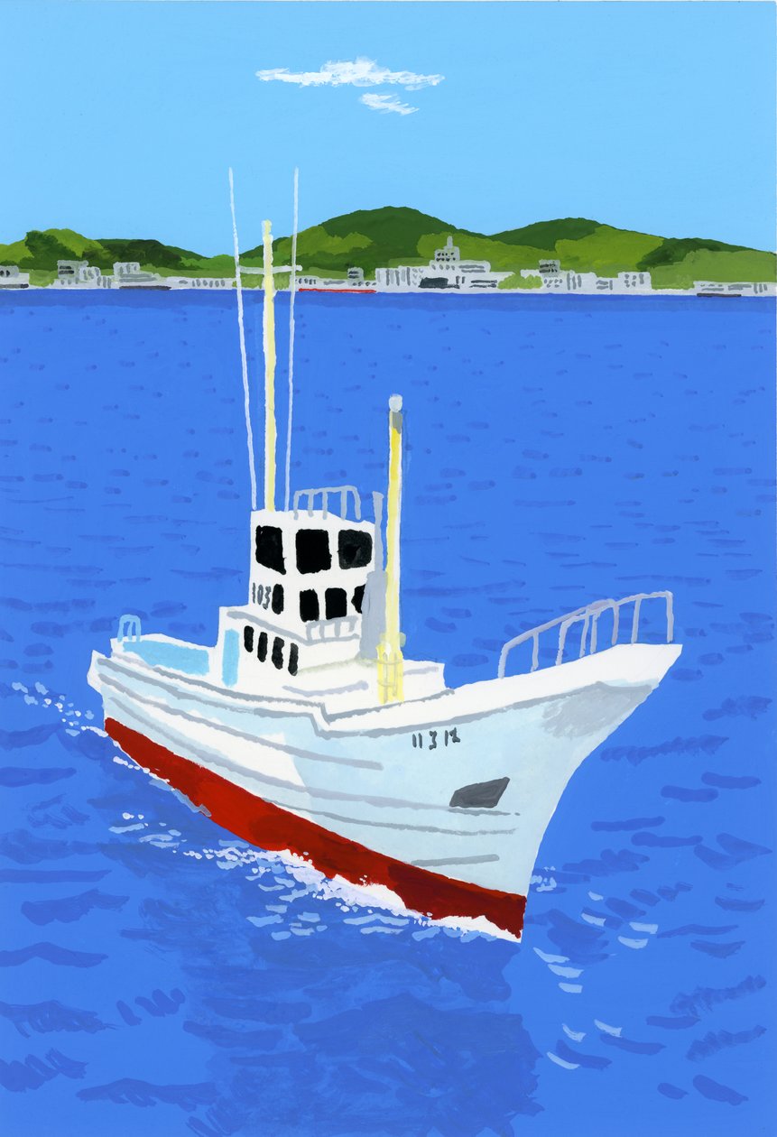 Vissersboot en haven door Hiroyuki Izutsu