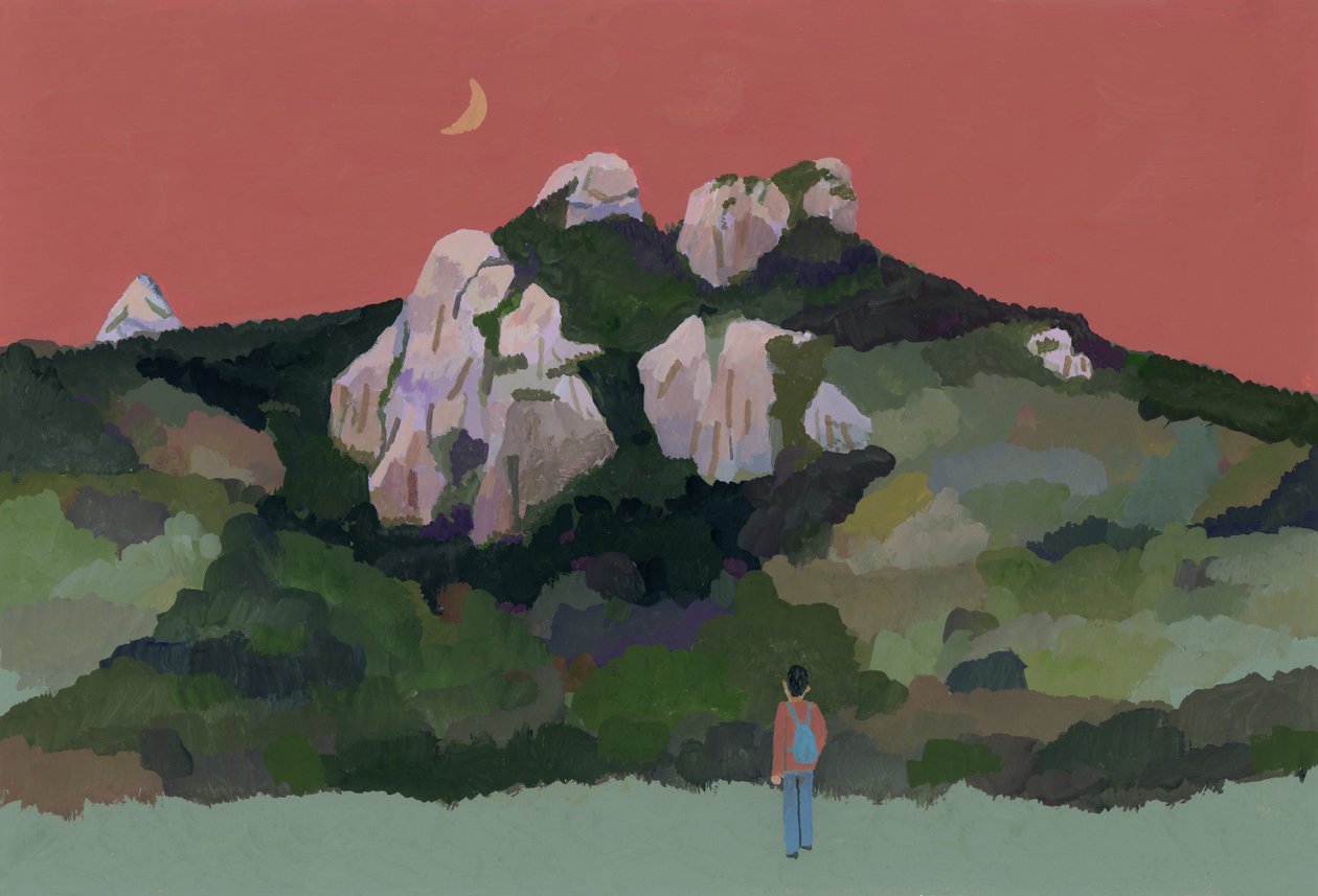 Man met rugzak die in de bergen reist, 2015 door Hiroyuki Izutsu