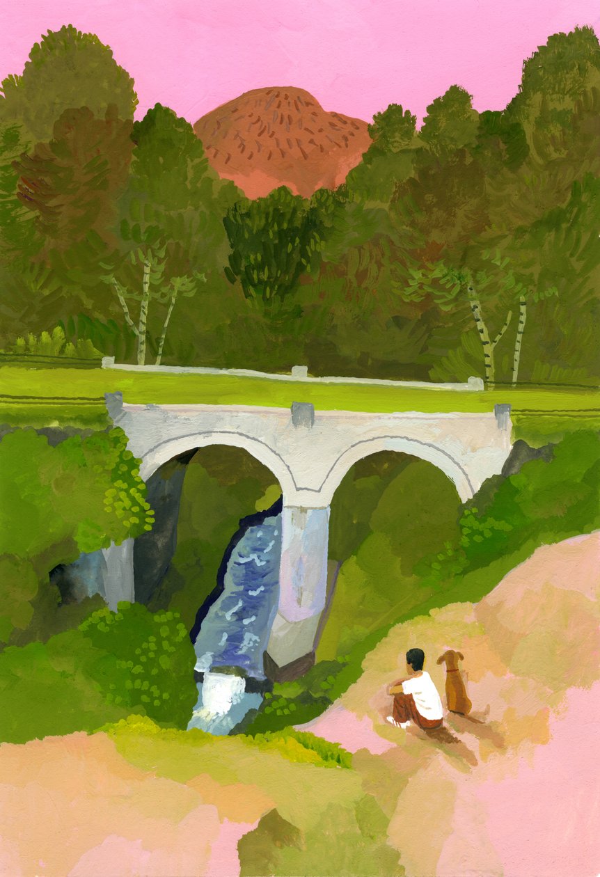 Kijk naar de brug met een hond bij schemering door Hiroyuki Izutsu