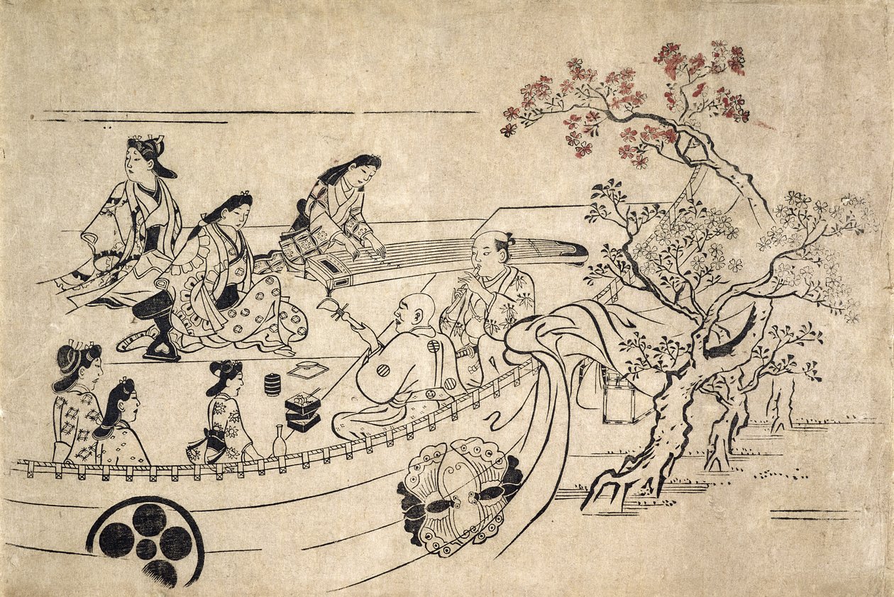 Muziek onder de kersenboom in Ueno, ca. 1680 door Hishikawa Moronobu