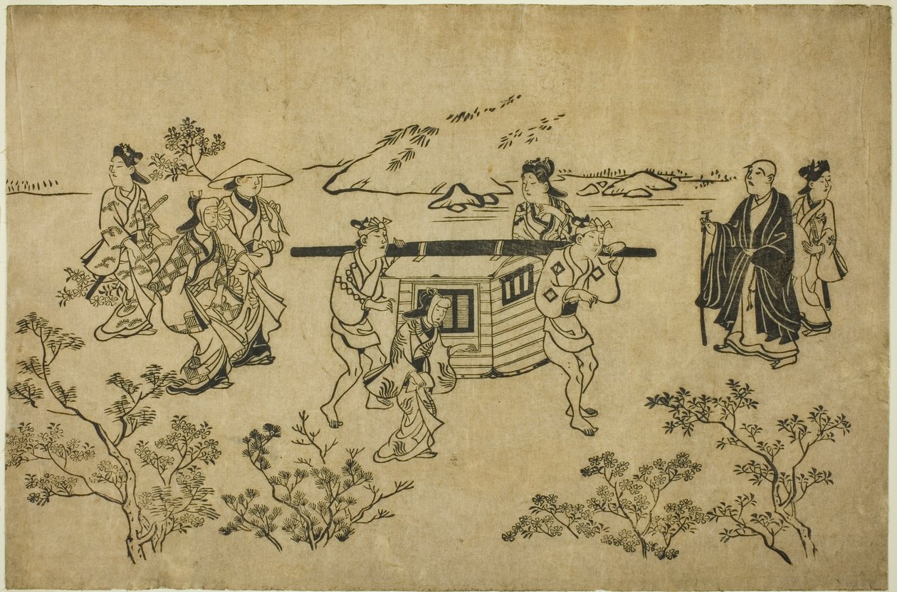 Een Voorbijgaande Palankijn, uit de serie "Scènes van Bloemenkijken in Ueno (Ueno hanami no tei)" door Hishikawa Moronobu