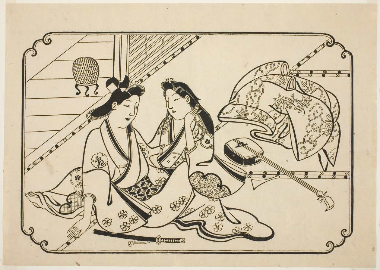 Na een beetje muziek, uit een ongetitelde serie van 12 erotische prenten door Hishikawa Moronobu