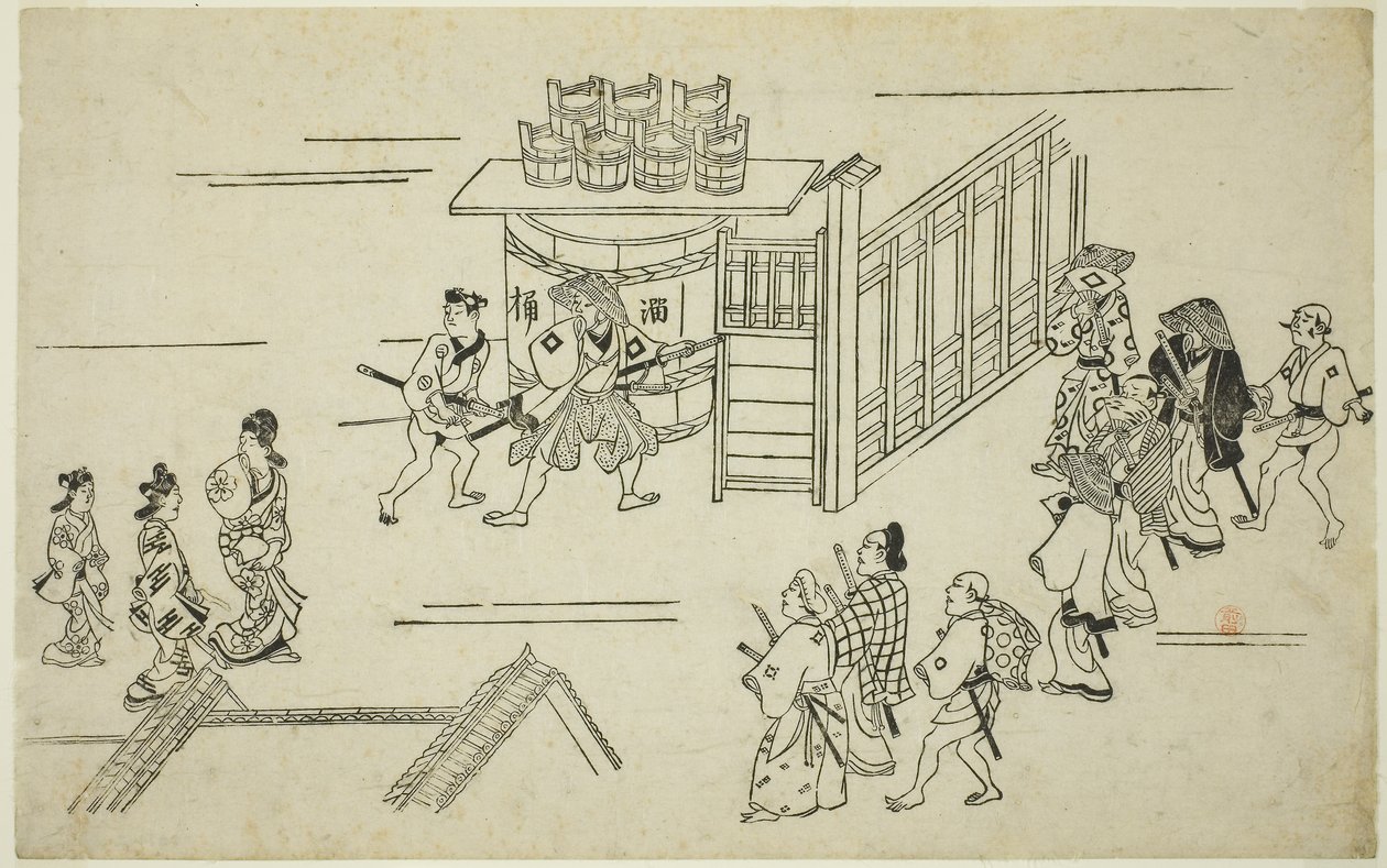 Ingang naar Ageyacho, uit de serie "Het Uiterlijk van Yoshiwara (Yoshiwara no tei)", ca. 1681-84 door Hishikawa Moronobu