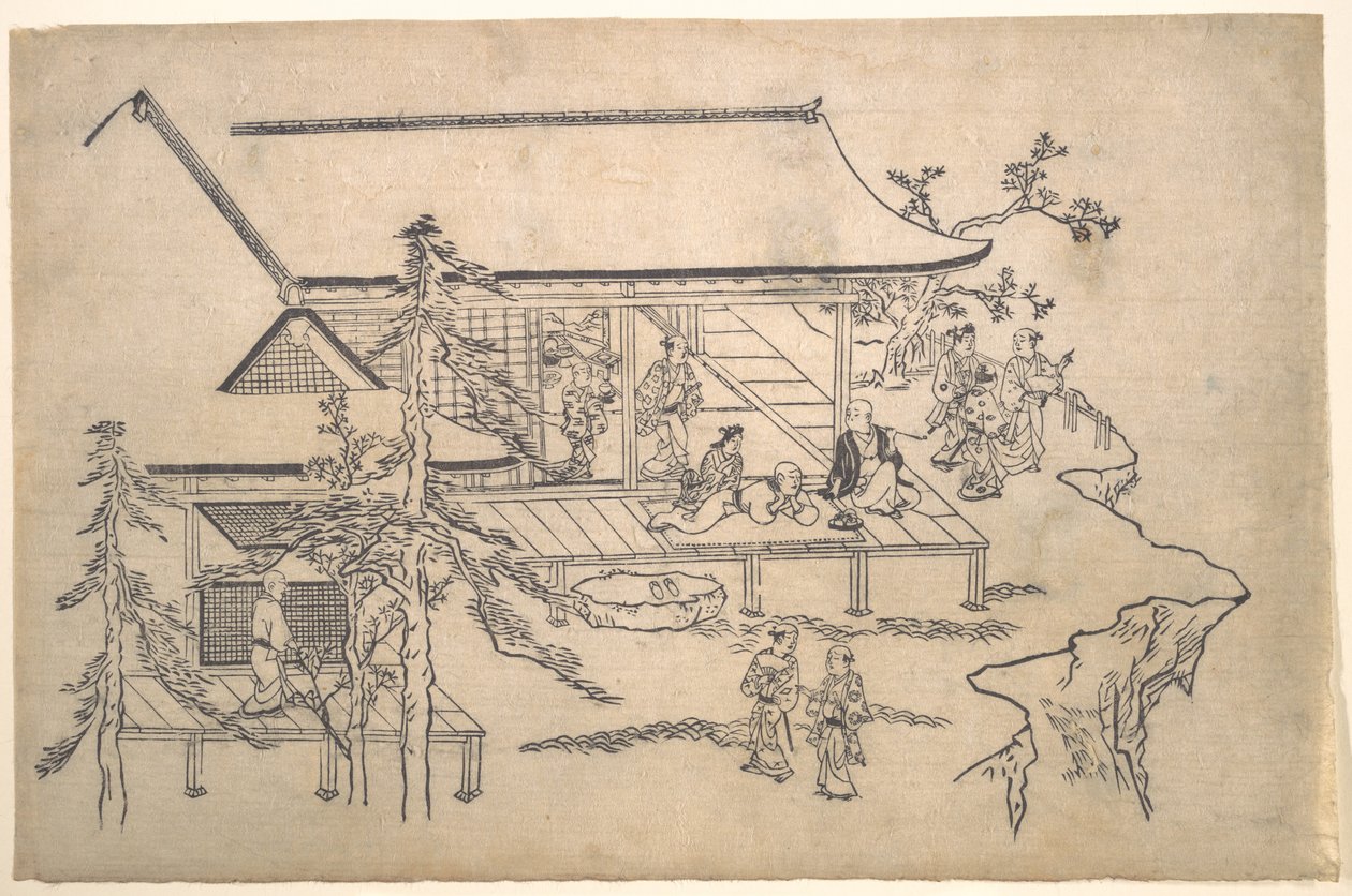 Scène met bloemenbezichtiging door Hishikawa Moronobu