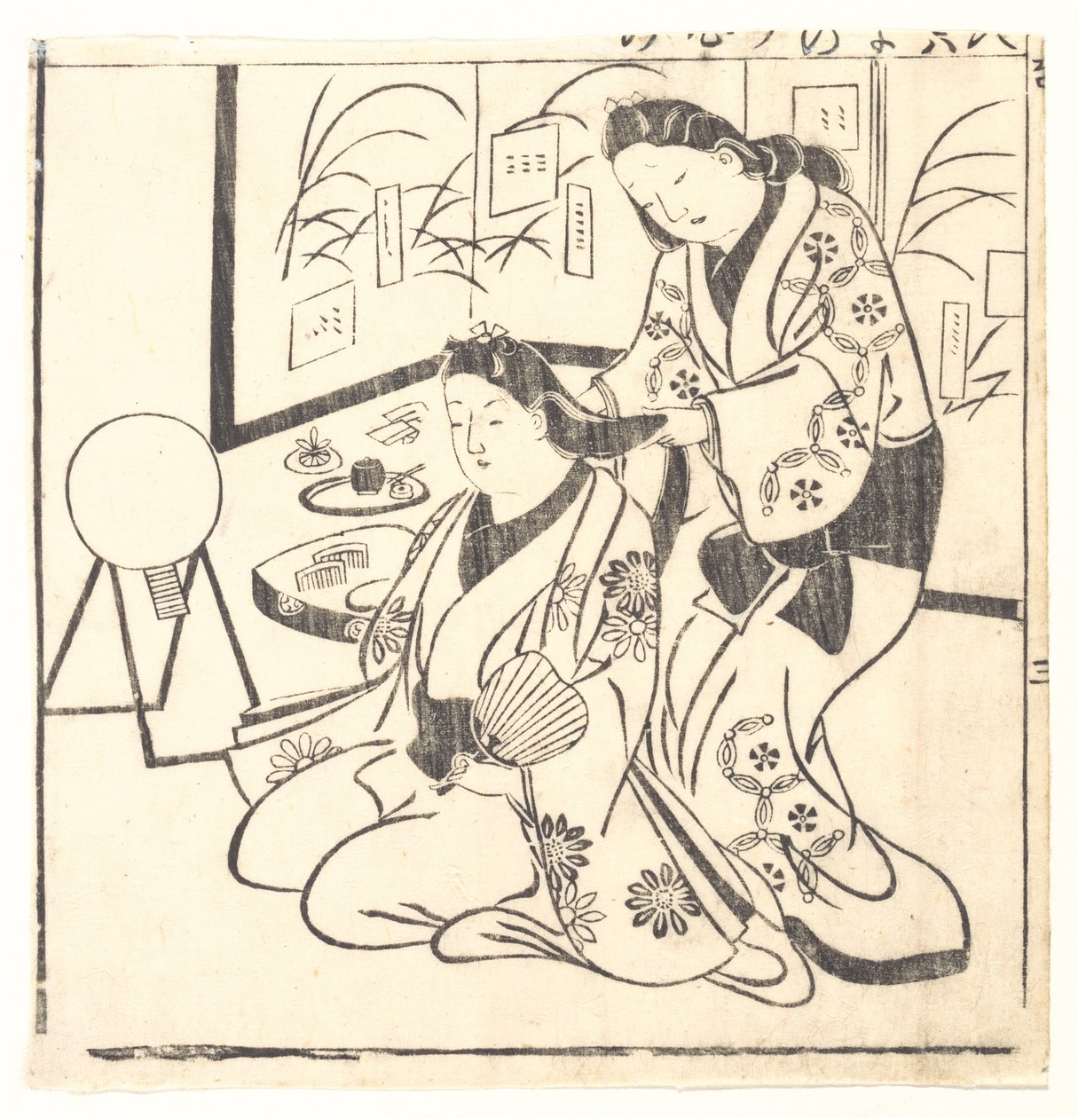 Blad uit een boek getiteld: Wakoku Hyakujo, honderd Japanse vrouwen door Hishikawa Moronobu