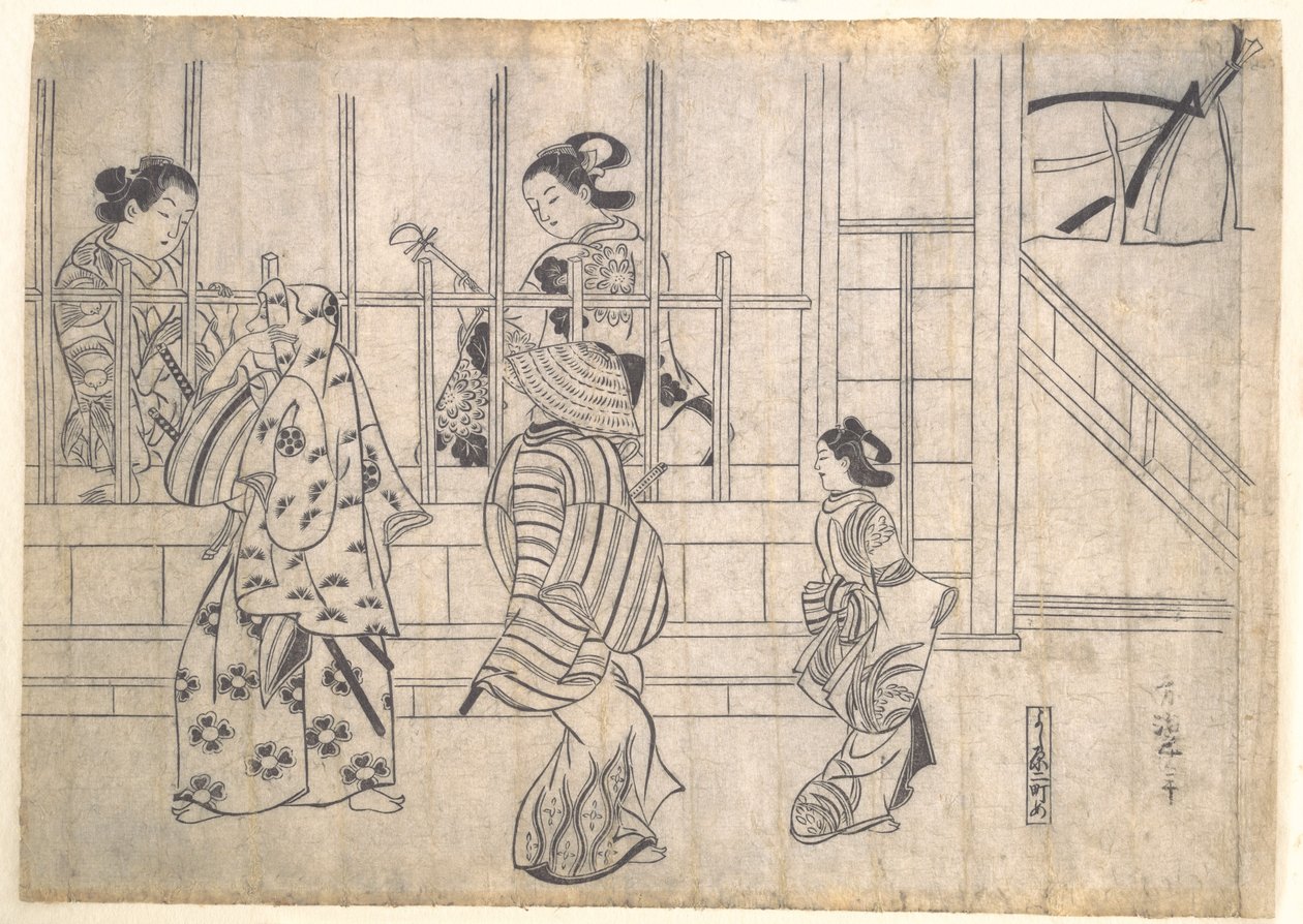 Straatscène in Yoshiwara door Hishikawa Moronobu