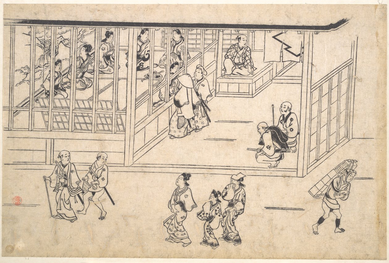 Straattafereel in Yoshiwara door Hishikawa Moronobu