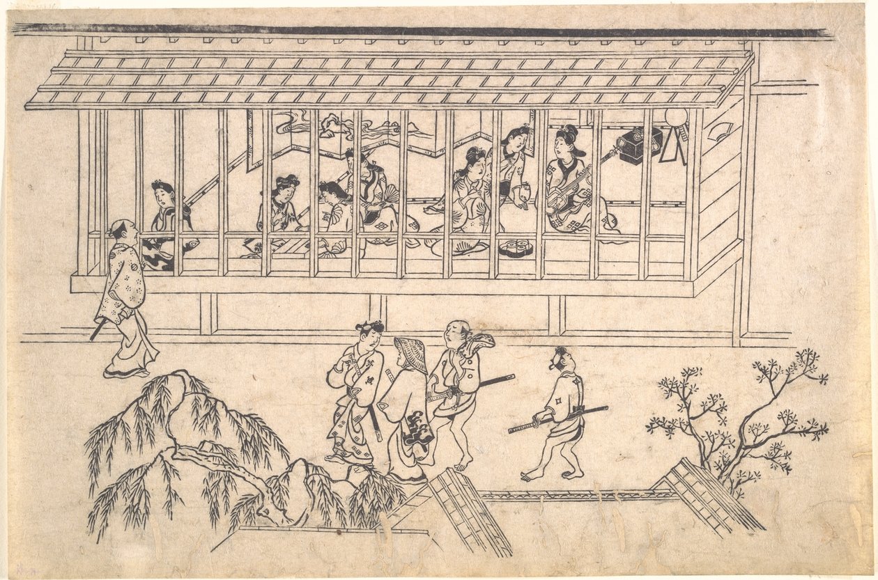 De zesde scène uit Scènes uit de uitgaanswijk Yoshiwara in Edo door Hishikawa Moronobu