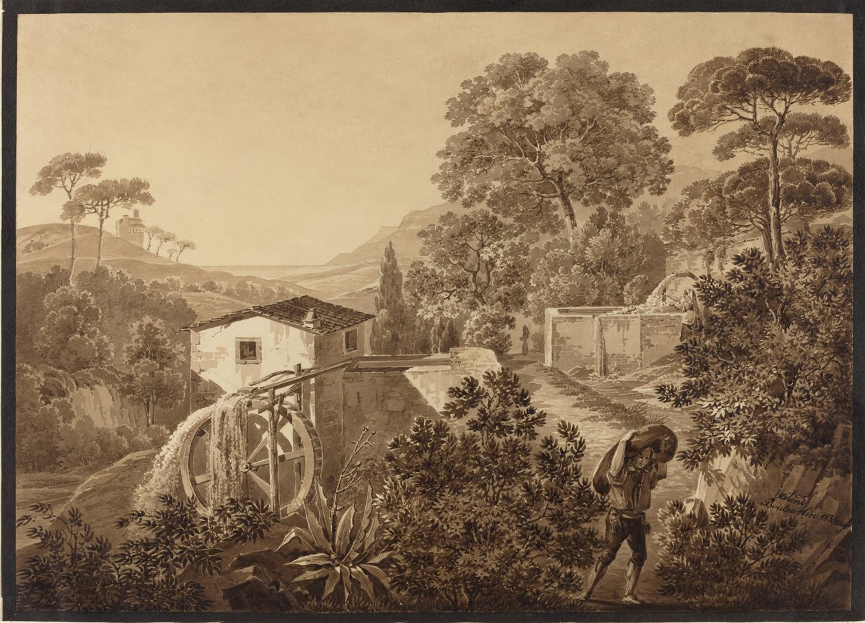 Italiaans landschap met een watermolen door Hélène Boutourlin