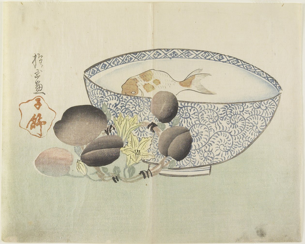 (Vis in kom met water, bloeiende tak met fruit), 1830s door Hogyoku