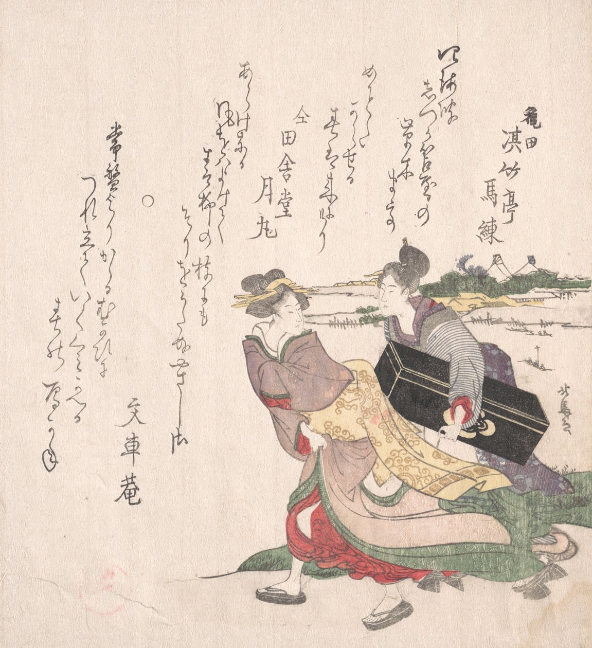 Geisha meisje haast zich met een dienstmeid die een shamisen doos draagt door Hokuba
