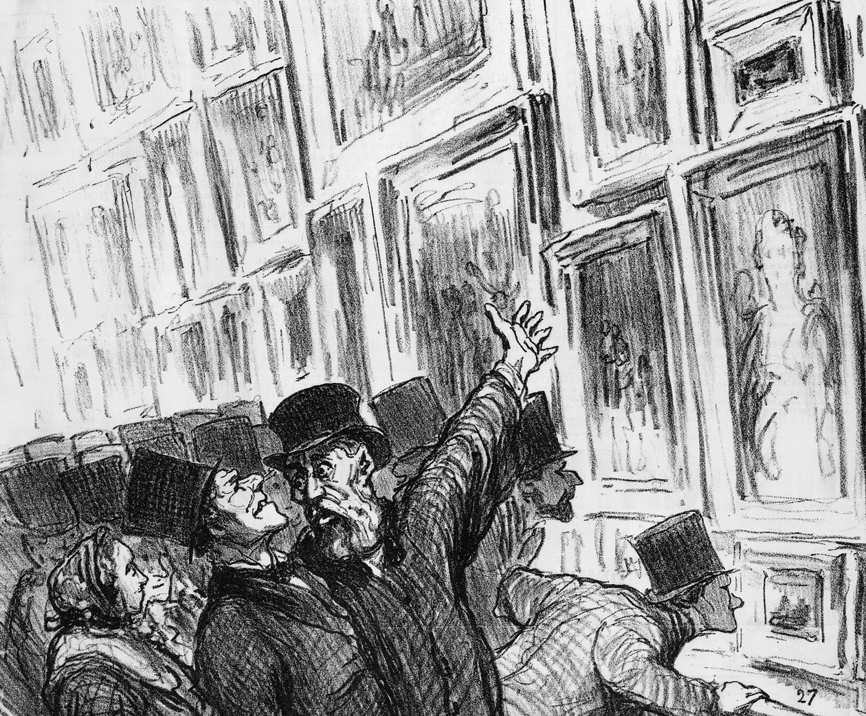 Kunstenaar wordt getroost op de Parijse Salon van 1859 over de positie van zijn werk in de tentoonstelling, cartoon uit 