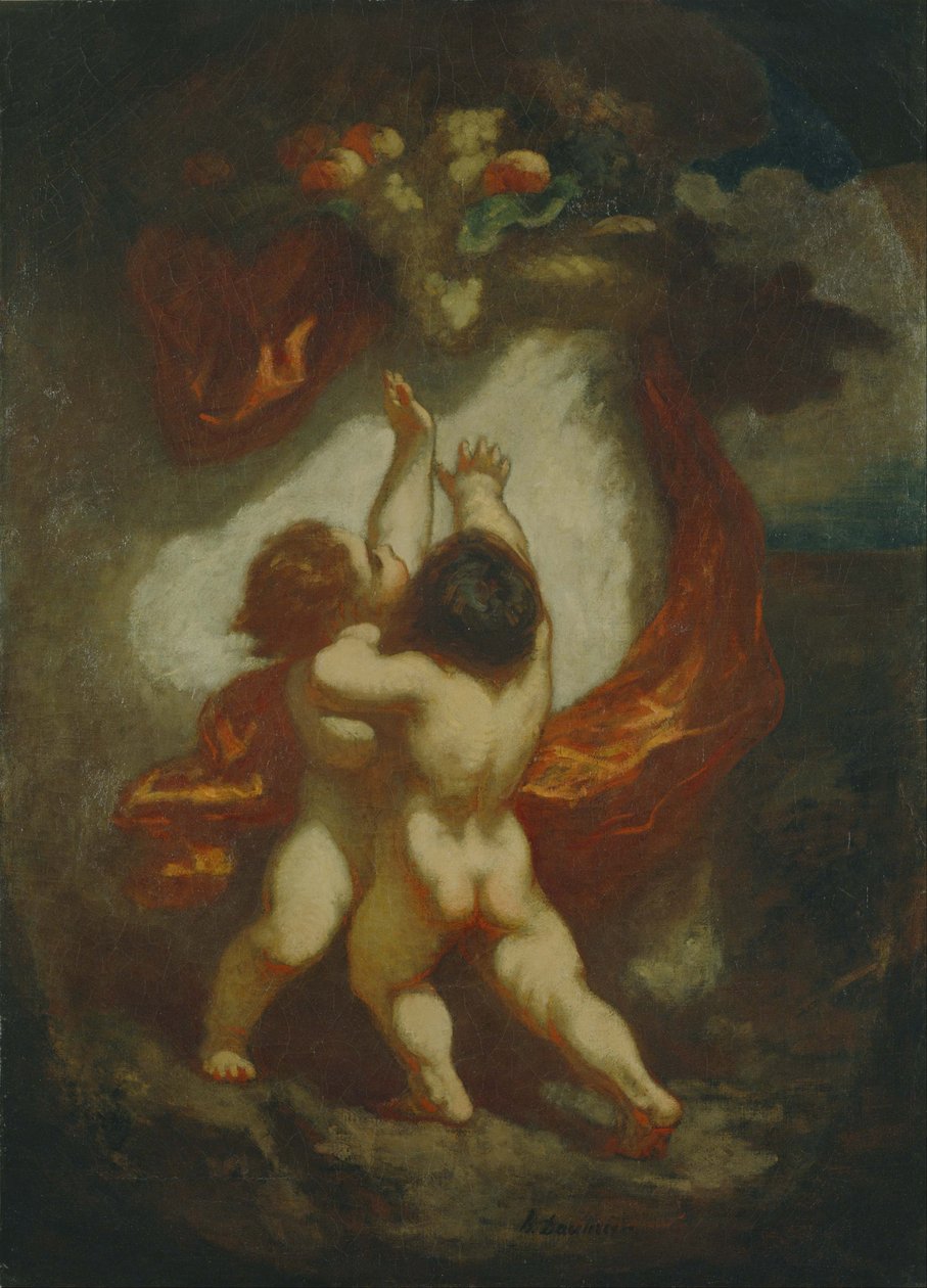 Twee kinderen vechten om een stuk fruit door Honoré Daumier