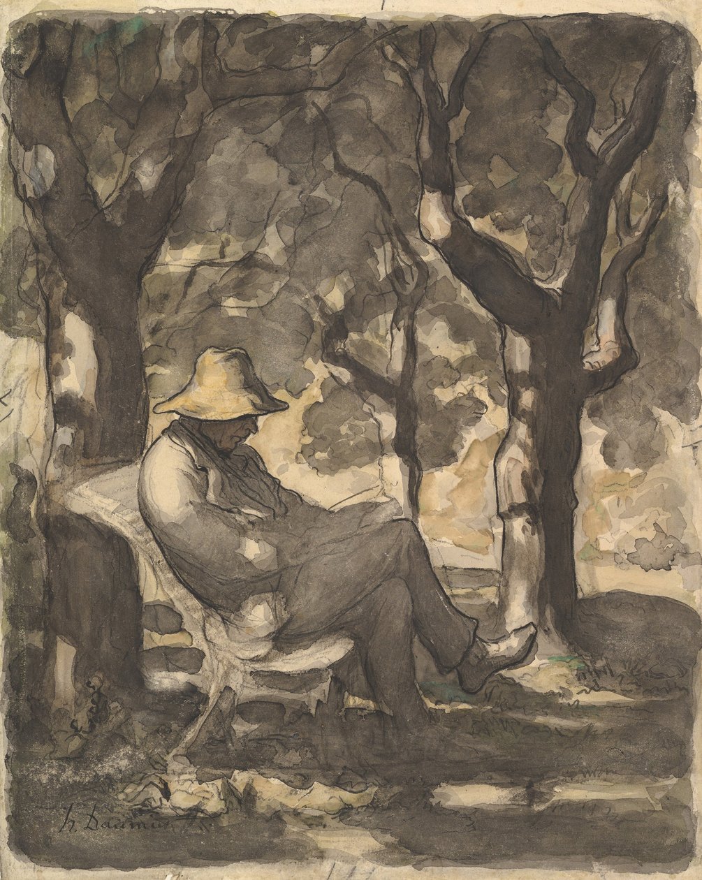 Een man die leest in een tuin, 1825-79 door Honoré Daumier