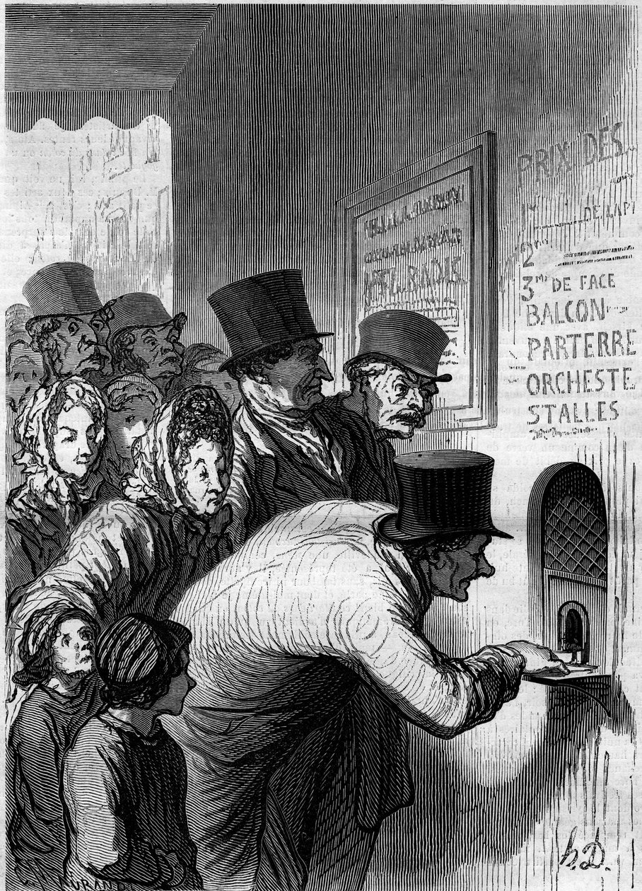 Een theaterraam. Cartoon door Honore Daumier (1808-1879). Gravure in 