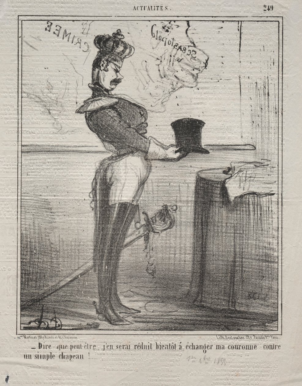 Actualiteiten Nr. 249: Ze zeggen dat ik binnenkort mijn kroon zal moeten ruilen..., 1855 door Honoré Daumier