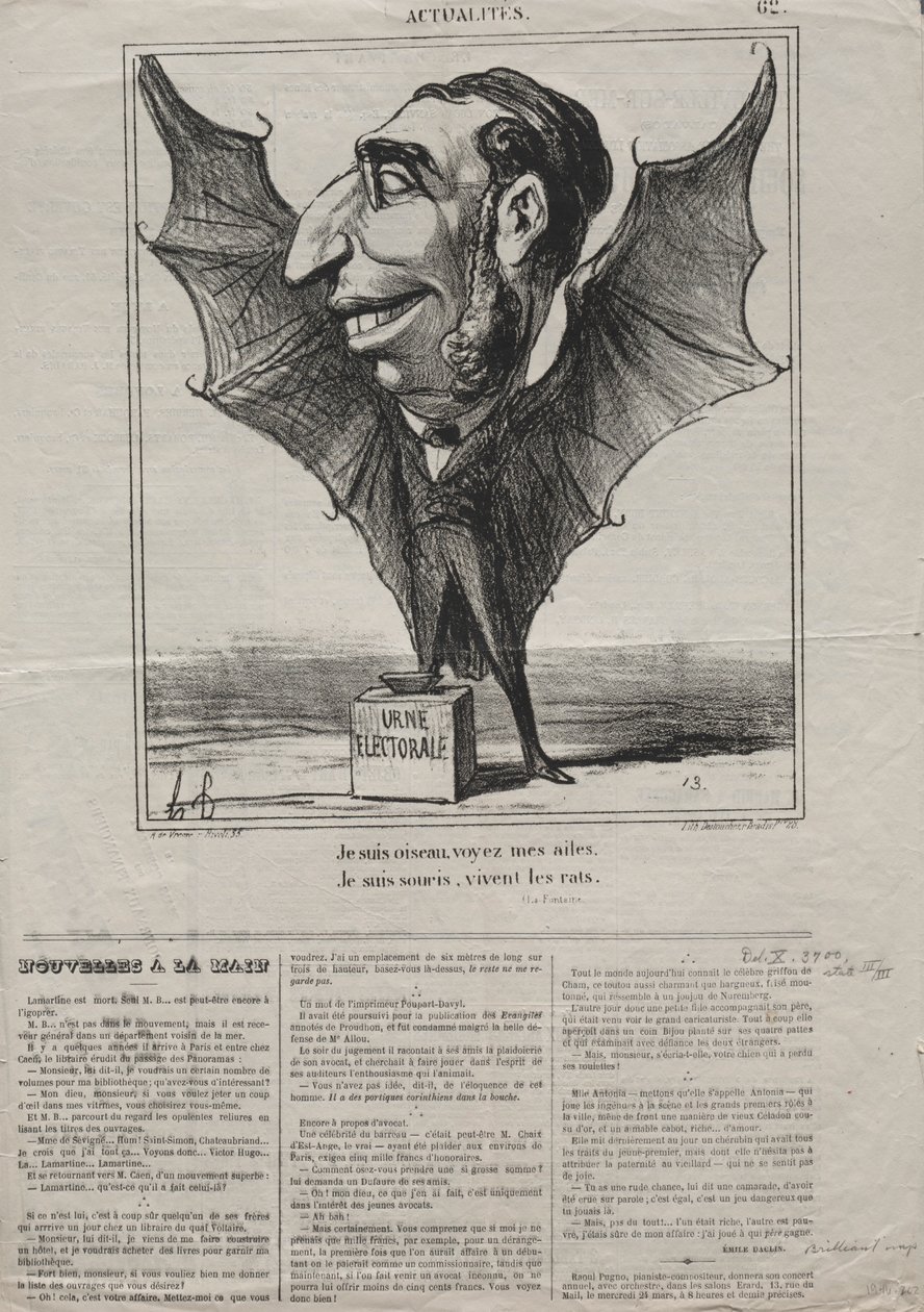 Actualiteiten No. 62: Ik ben een vogel, zie mijn vleugels, 1869 door Honoré Daumier