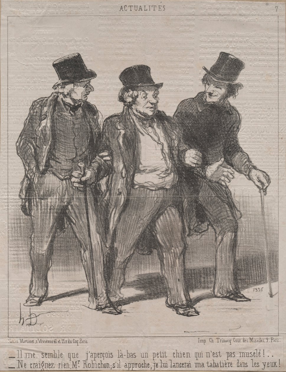Actualiteiten Nr. 7: Het lijkt me dat ik daar een hondje zie dat niet gemuilkorfd is!..., 1852 door Honoré Daumier