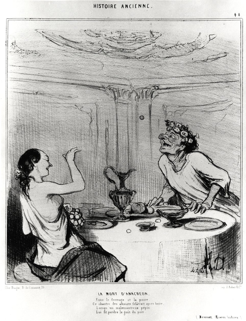 Oude geschiedenis: de dood van Anacreon, karikatuur ter illustratie van een fragment uit de badine werken van Jacques-Benigne Bossuet: 