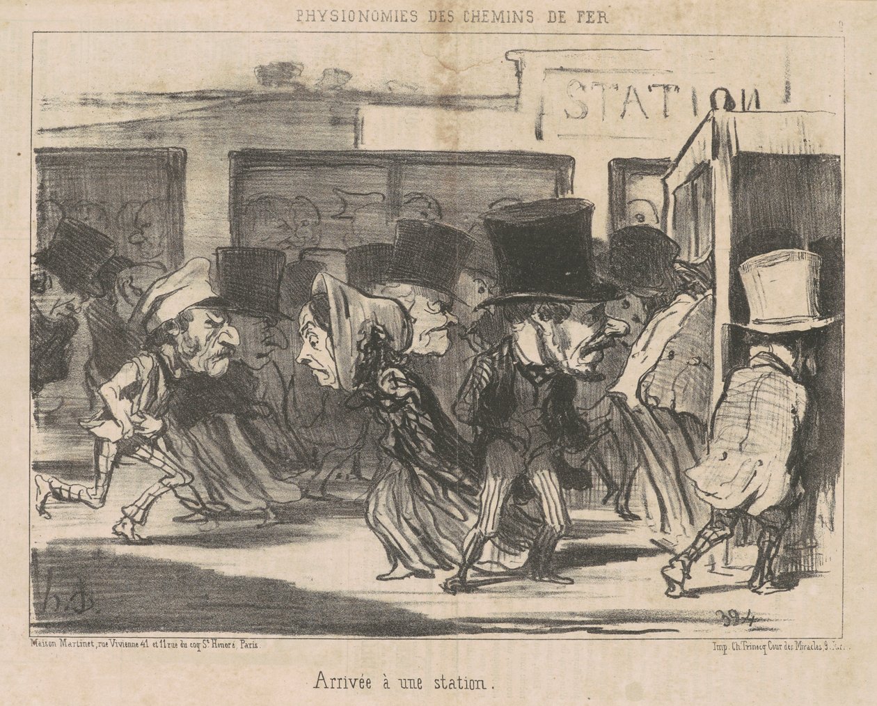 Aankomst bij een station door Honoré Daumier