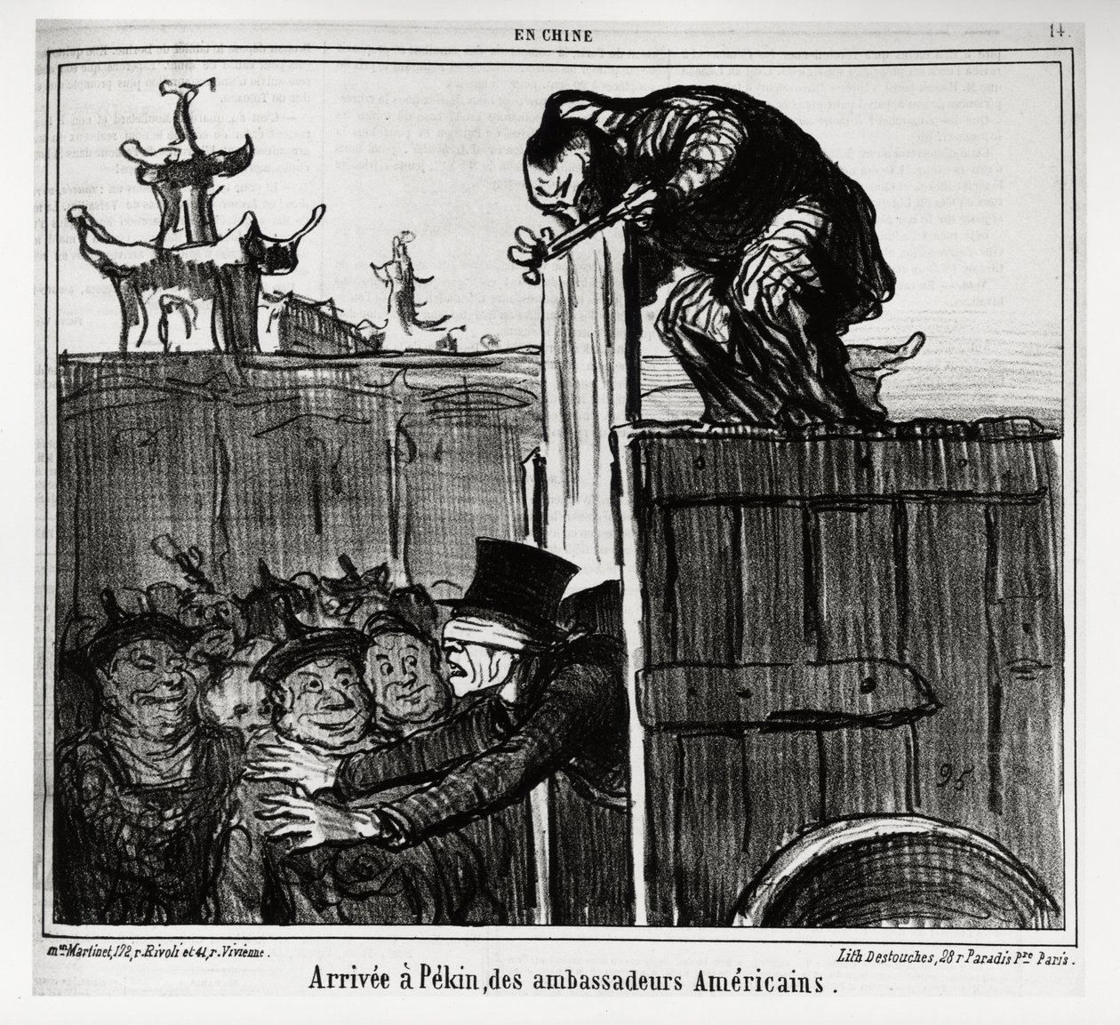 Aankomst in Peking van Amerikaanse ambassadeurs. In serie En Chine, illustratie door Honore Daumier (1808-1879), gepubliceerd in "Charivari", gedateerd 13 oktober 1859. door Honoré Daumier