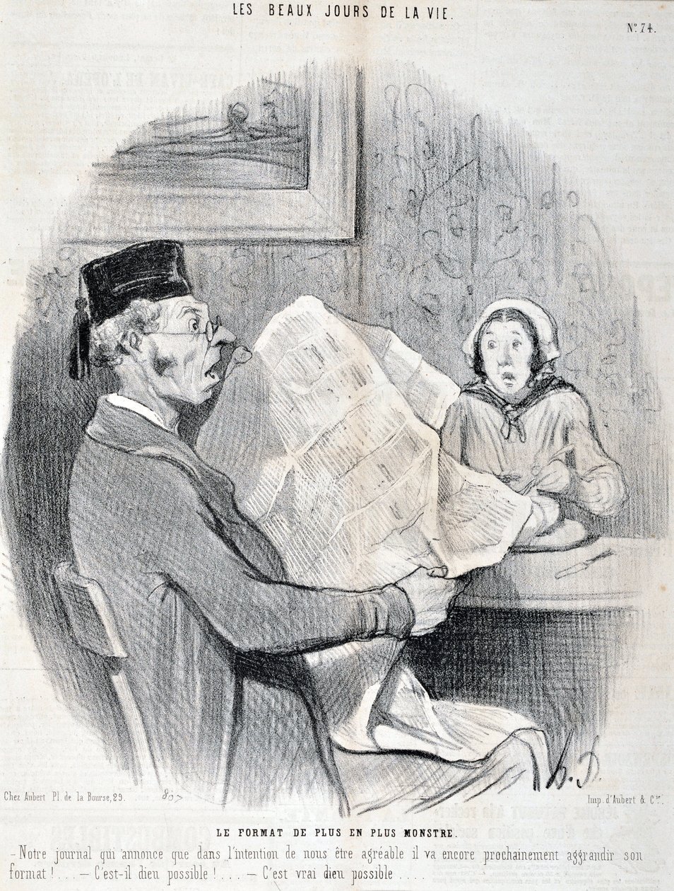 Kunstwerk door Honore Daumier (1808-1879). Charivari: Serie THE BEAUTY DAYS OF LIFE. Het steeds monsterlijker formaat 